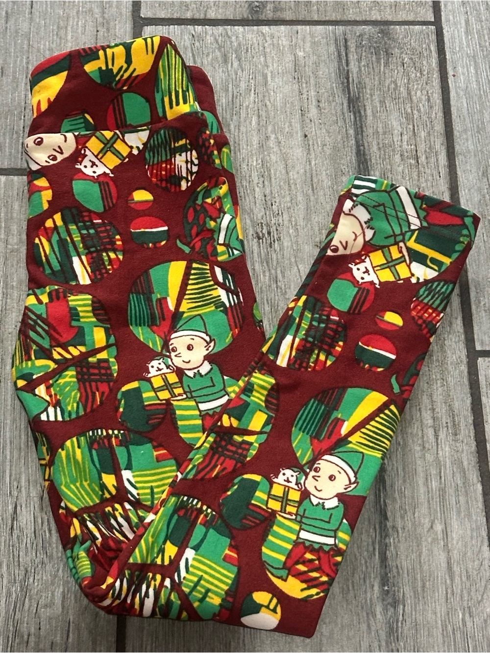 LuLaRoe Kids Elf Print Leggings - Red Green Yellow